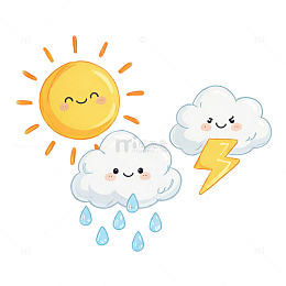 卡通风天气元素手绘云朵太阳闪电设计素材