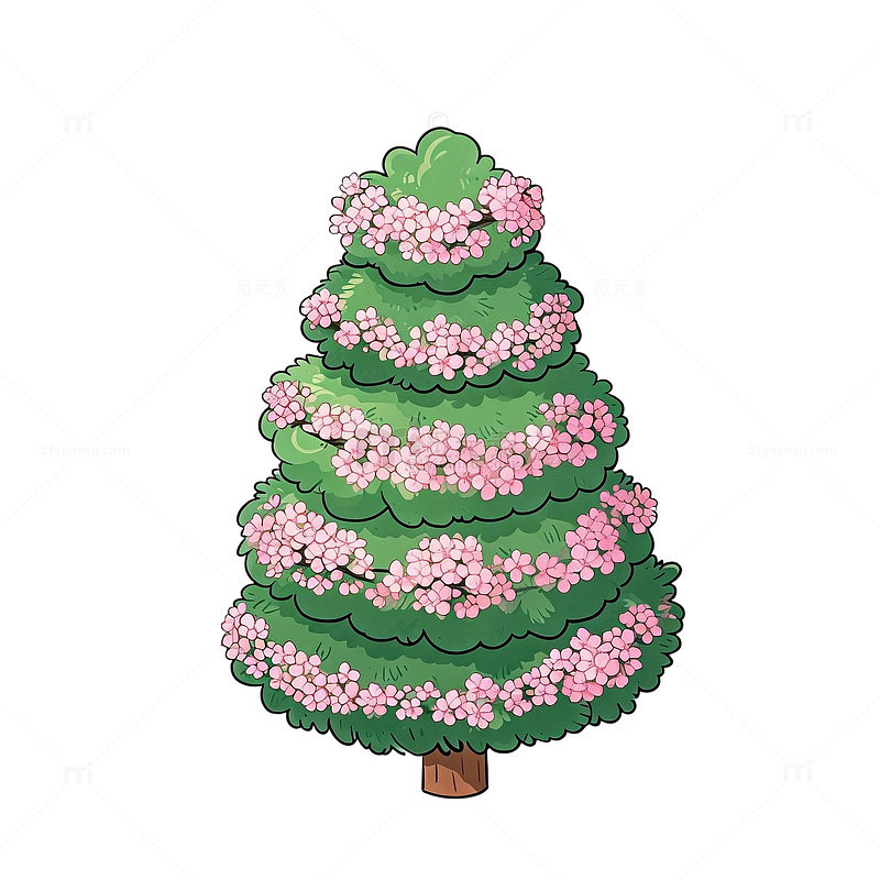 卡通风樱花松树插画设计素材