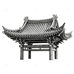 黑白线条风格传统中式亭子建筑矢量素材