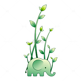 卡通风绿色小象植物插画设计素材