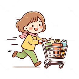 卡通风购物女孩推车手绘插画设计免扣素材