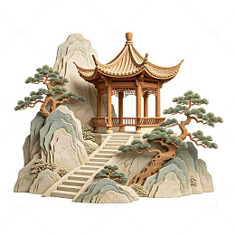国风山水亭台手绘建筑设计素材