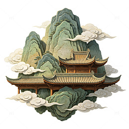 国风山水古建筑插画设计素材