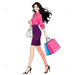 卡通风格时尚女性购物插画设计免扣素材