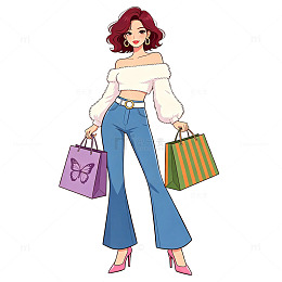 卡通风时尚女性购物插画设计免扣素材