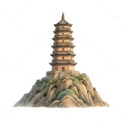 国风手绘古塔山景插画设计素材
