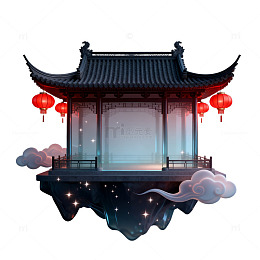 国风插画悬浮亭台云雾夜景设计素材