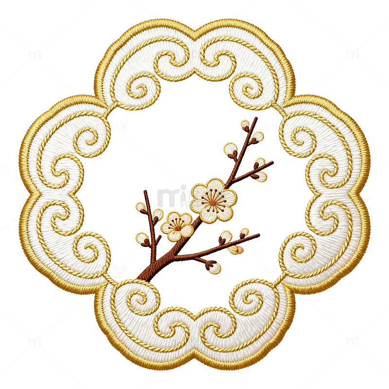 刺绣风梅花枝纹样装饰图案素材