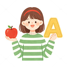 卡通风小女孩苹果字母A设计免扣人物插画