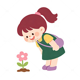 卡通风小女孩赏花手绘插画设计免扣素材