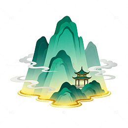 国风山水亭台插画设计素材