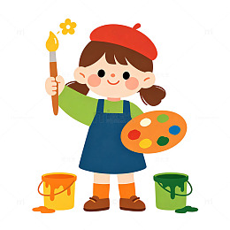 卡通风小女孩画画手绘绘画免扣素材