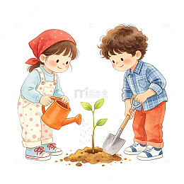 手绘风儿童种树植树节插画免扣设计素材