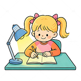 卡通风小女孩写字学习插画免扣素材