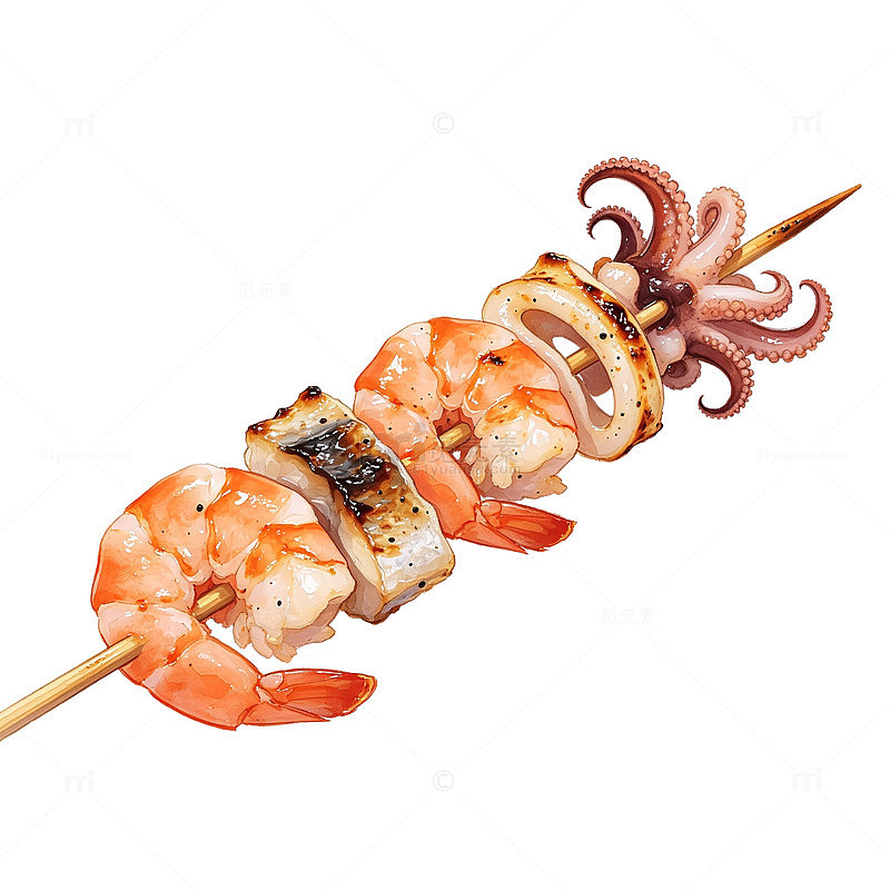 水彩风海鲜串烧手绘美食设计素材