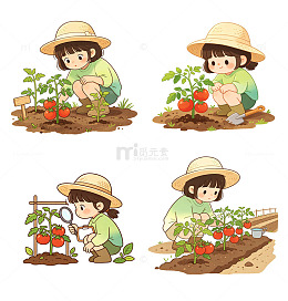 戴小草帽在农场观察番茄苗的齐刘海小女孩