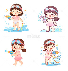 戴儿童护目镜站在水枪旁玩水的小女孩