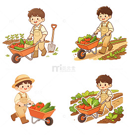 推着小推车运送蔬菜的农场小男孩