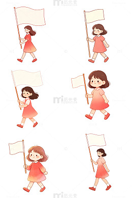 手拿空白研学小旗缓步领队的小女孩