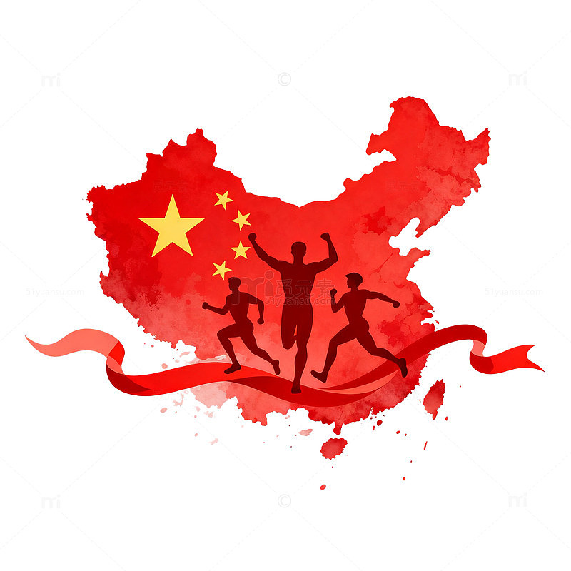 水彩风中国地图奔跑人物设计素材