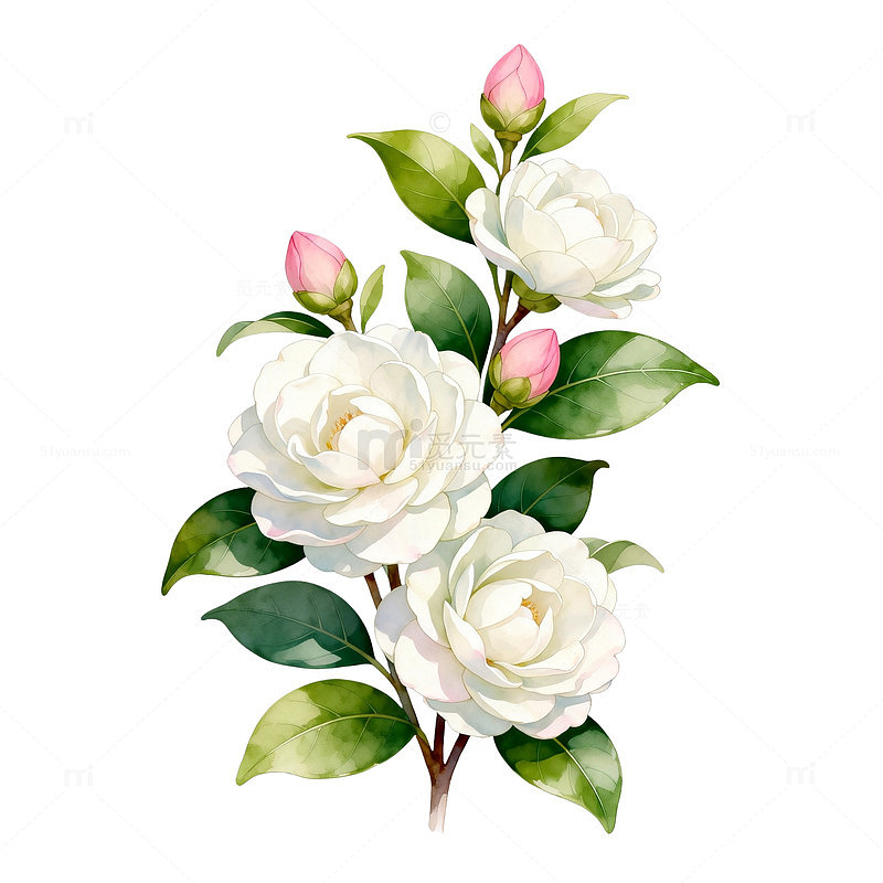 水彩风白玫瑰花卉手绘设计素材
