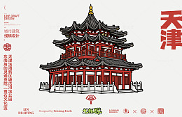 天津塘沽河滨公园城市地标建筑线描