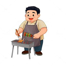 夏日烧烤摊厨师刷酱料烤串卡通人物