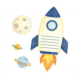 手绘风太空火箭星球插画设计素材