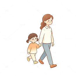 老师小学生母女卡通牵手散步元素