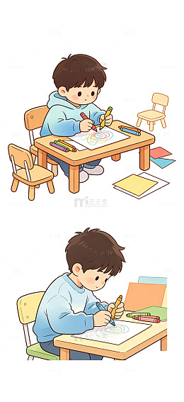 双手举蜡笔认真画画的短发小男孩