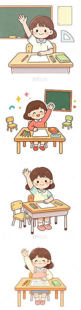 在幼儿园课桌上举手回答问题的小女孩