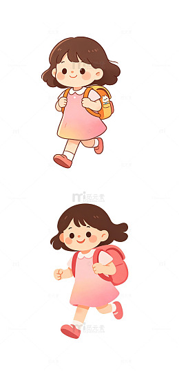 背着卡通小书包蹦跳走路的小女孩