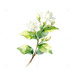水彩风茉莉花枝手绘植物插画素材