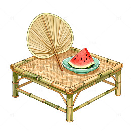 插画风夏日竹桌西瓜扇子设计素材