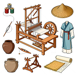 卡通风古代纺织工具手绘设计素材