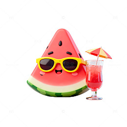 3D卡通风格西瓜戴墨镜夏日饮品设计素材