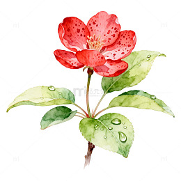 水彩风红色花朵绿叶植物插画素材