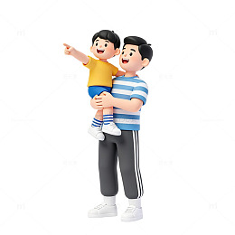 软胶 3D 黏土父子孩童抬手指向远方插画