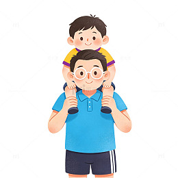 温柔手绘眼镜父亲肩驮孩童温馨插画
