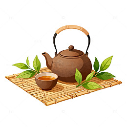 卡通风茶具竹席绿叶插画设计素材