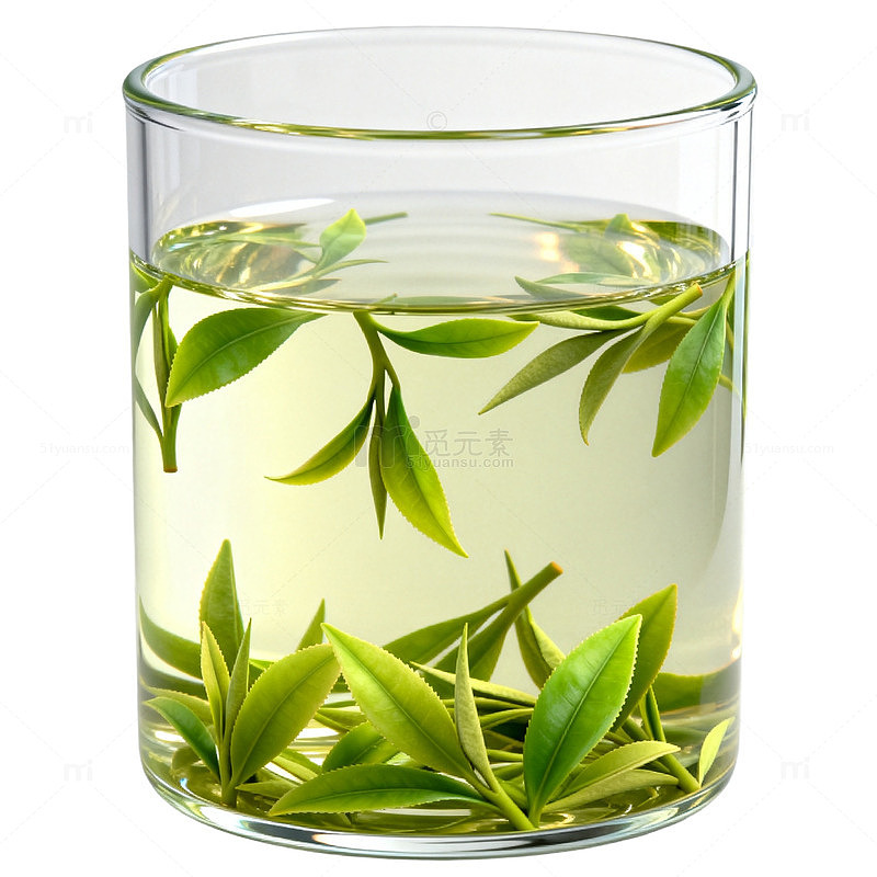 清新风绿茶叶片玻璃杯设计素材