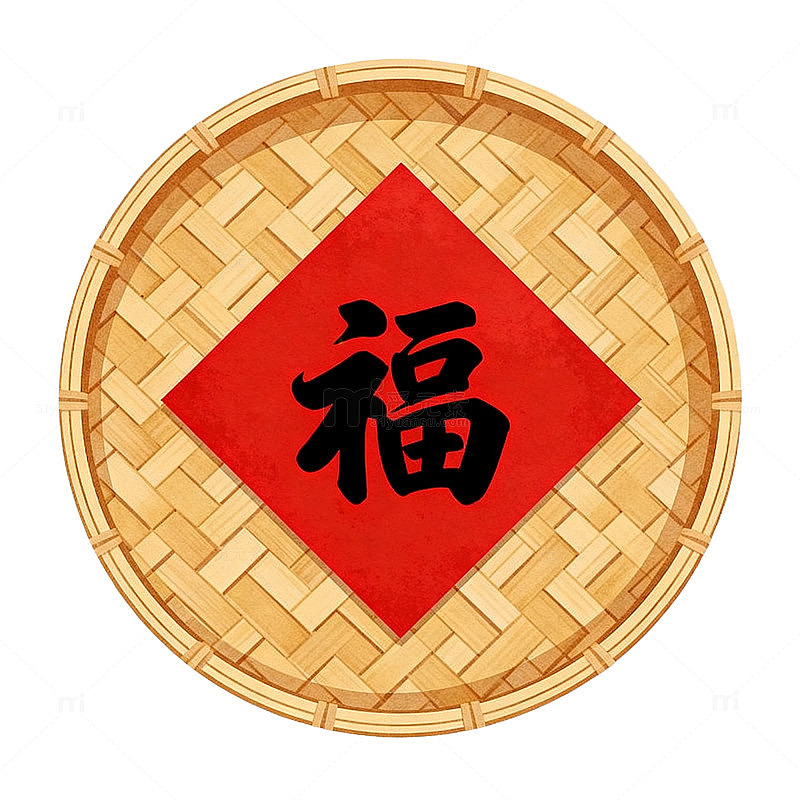 卡通风春节福字竹编盘设计素材