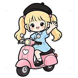 卡通风小女孩骑粉色电动车免扣设计素材