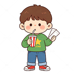 卡通风男孩喝饮料手绘插画免扣设计素材
