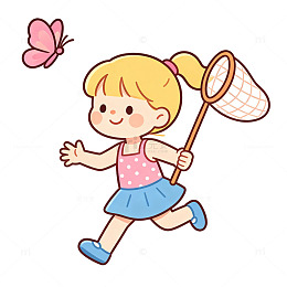卡通风小女孩捕蝶手绘插画免扣素材