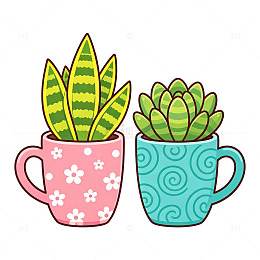 卡通风格多肉植物杯栽插画免扣元素素材
