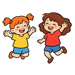 卡通风格两个小女孩跳跃插画免扣元素素材