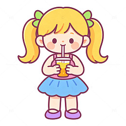 卡通风小女孩喝饮料插画免扣元素设计素材