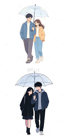 雨中撑伞，情侣散步，雨夜约会