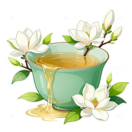 插画风茶杯溢出花枝手绘设计素材